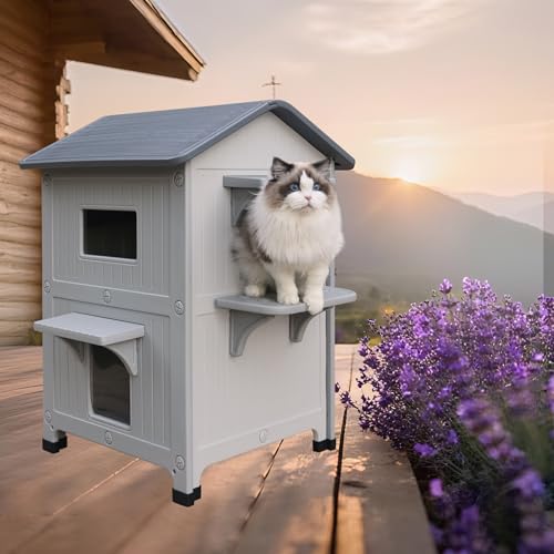Katzenhaus aus Kunststoff, wetterfest für wilde Multi-Katzen, 2-stöckig, isoliert, erhöhter Katzenhaus-Unterschlupf mit Fluchttür, einfache Montage, erweiterbarer Innenraum (weiß) von HiCaptain