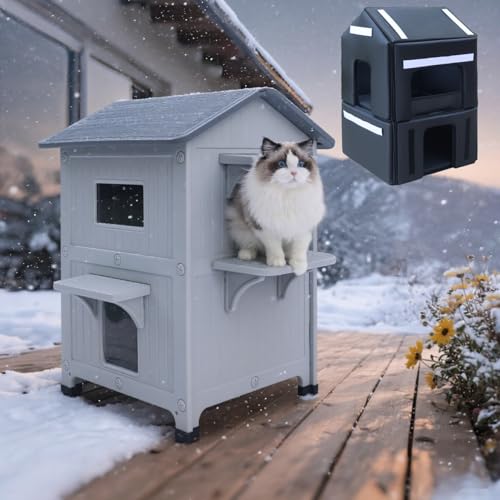 Katzenhaus aus Kunststoff für den Außenbereich, mit Isolierschicht, wetterfest für wilde Multi-Katzen, 2-stöckig, isoliert, erhöhter Katzenhaus mit Fluchttür, einfache Montage, erweiterbarer Innenraum von HiCaptain