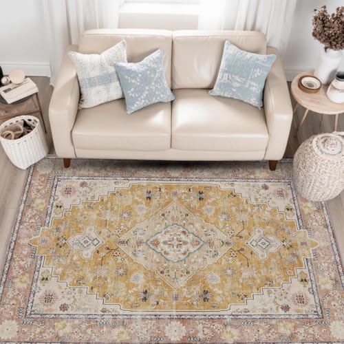 HiChiclife Vintage Teppich 120x170 Gelb – Waschbar & rutschfest – Vintage Teppich im orientalischen Look mit TPE Unterseite – Kurzflor für Esszimmer & Flur von HiChiclife