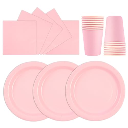 HiEnjoin 72 Stück Stück Partygeschirr Set,Rosa Papiergeschirr Set,Geburtstag Party Geschirr Becher Serviette Pappteller für Babypartys, Geburtstag, Weihnachten Geburtstagsparty Deko-24 Gäste von HiEnjoin