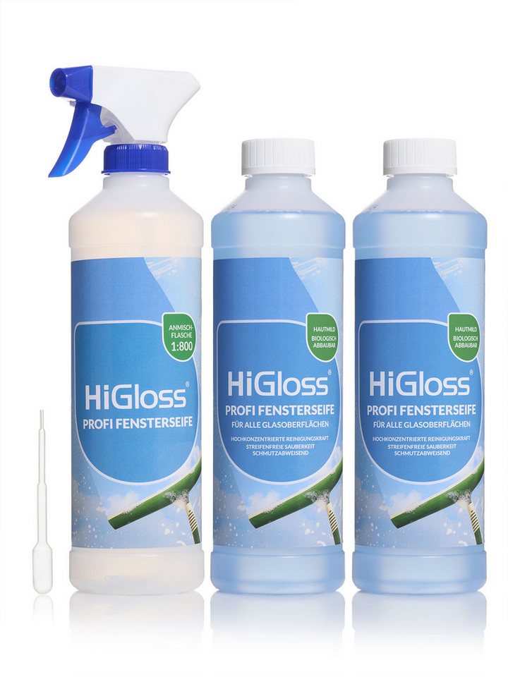 HiGloss Profi Fensterseife Glasreiniger (2x 500ml, Leerflasche & Sprüher Hochkonzentriert, Glasreiniger, Lotuseffekt, streifenfreier Glanz) von HiGloss