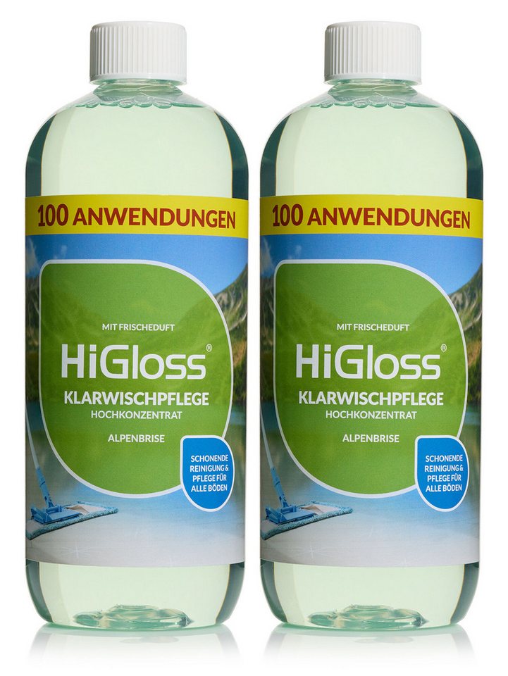 HiGloss Klarwischpflege Hochkonzentrat Bodenpflegemittel (2, 2 St., 2x 1000ml), schonend zu allen Böden, streifenfrei und Wischroboter geeignet von HiGloss