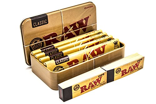 RAW, Tabak- / Zigaretten- / Zigarettenpapier-Aufbewahrungsdose mit 4 klassischen King-Size-Papern und 2 Heften Zigarettenspitzen zum Selbstrollen von RAW