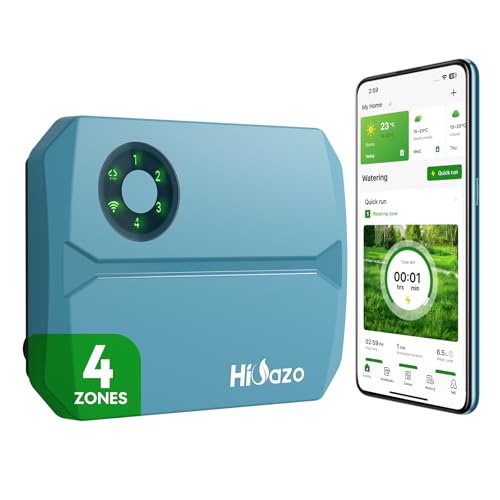 Hioazo WiFi Bewässerungscomputer mit App Steuerung, 4-Zonen-Smart-Sprinkler Steuerung - 16 Bewässerungsprogramme, Wasserschlagschutz für Gartenbewässerung, Gewächshaus & Rasenflächen, HSC-400W von HiOazo