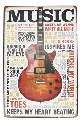 Hioni Music Inspires Me Keeps My Heart Beating Gitarre Musik Vintage Blechschild Poster Wandschild Wand Dekoration Metallschild Türschild von Hioni