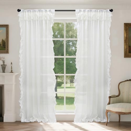 HiSnug 2er Set Gardinen Wohnzimmer Vorhang Gardienen Halbtransparent Vorhänge Ambiente Rüschenvorhänge für Schlafzimmer und Wohnzimmer 100 X 130 cm (B x H) Weiß von HiSnug