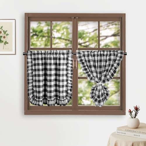 HiSnug 2er Set Scheibengardine Bistrogardine Landhaus Modern Kurzstores Küchengardine Kaffee Kurzvorhang Schwarz/Weiß Breit Kariert Kleinfenster mit Spitze Kurz H60 x B65 cm von HiSnug