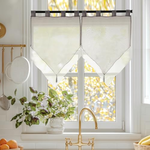 HiSnug Curtain 2er Set Doppelfarbig mit Quasten Voile Bistrogardinen B45 x H90 cm, Doppelschicht Kurzstore mit Schlaufen（Grau/Weiß） von HiSnug
