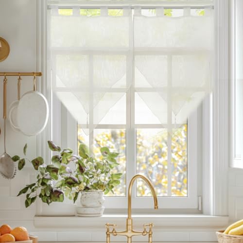 HiSnug Curtain 2er Set Doppelfarbig mit Quasten Voile Bistrogardinen B45 x H90 cm, Doppelschicht Kurzstore mit Schlaufen（Weiß/Weiß） von HiSnug