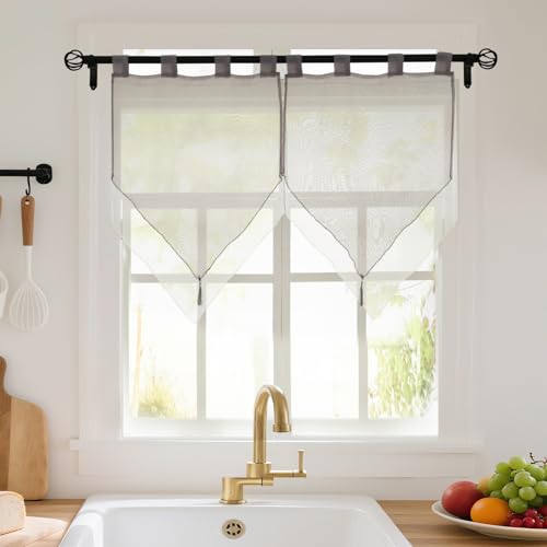 HiSnug Curtain 2er Set Doppelfarbig mit Quasten Voile Bistrogardinen B60 x H90 cm, Doppelschicht Kurzstore mit Schlaufen（Grau/Weiß） von HiSnug