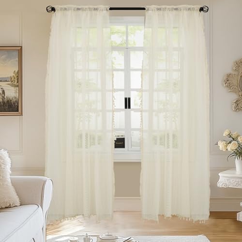HiSnug Curtain Beige Boho Scheibengardinen Bistrogardine im Bauernhaus-Stil mit Stabtasche, Spitze Häkelgardine Kurzstore Gardine Mit Quasten, H160 x B140 cm - 2 Stück von HiSnug