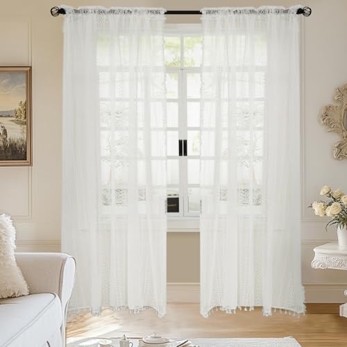 HiSnug Curtain Weiß Boho Scheibengardinen Bistrogardine im Bauernhaus-Stil mit Stabtasche, Spitze Häkelgardine Kurzstore Gardine Mit Quasten, H225 x B140 cm - 2 Stück HiSnug Curtain Weiß Boho Scheibengardinen Bistrogardine im Bauernhaus-Stil mit Stabtasche, Spitze Häkelgardine Kurzstore Gardine Mit Quasten, H225 x B140 cm - 2 Stück von HiSnug