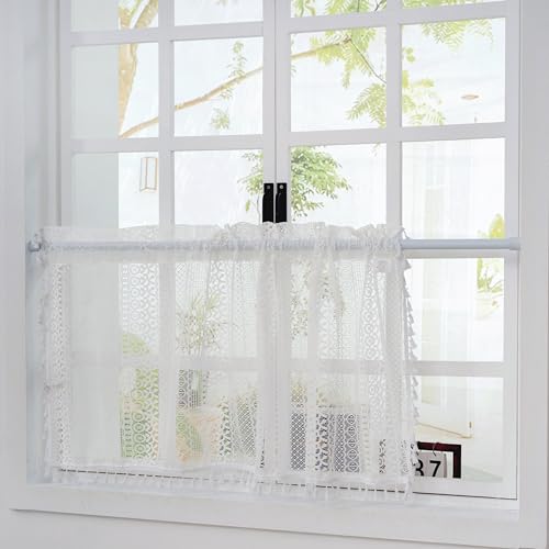 HiSnug Lace Sheer Curtain Weiß Boho Vorhang Kurzgardine Bistrogardine im Bauernhaus-Stil mit Stabtasche, Spitze Häkelgardine Kurzstore Gardine Mit Quasten, H60 x B120 cm - 1 Stück HiSnug Lace Sheer Curtain Weiß Boho Vorhang Kurzgardine Bistrogardine im Bauernhaus-Stil mit Stabtasche, Spitze Häkelgardine Kurzstore Gardine Mit Quasten, H60 x B120 cm - 1 Stück von HiSnug