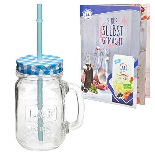 Glasbecher mit Henkel, Deckel und Trinkhalm inkl. Rezeptheft - blau kariert - 0,5 Liter Trinkbecher/Trinkglas mit Relief - für Säfte, Smoothies und andere Erfrischungsgetränke von HiT