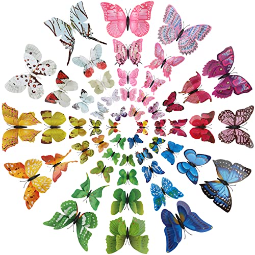Hianjoo 72 Stück 3D Schmetterlinge Deko, Doppelflügel Schmetterling Wandaufkleber mit Magnet und Klebepunkte, Abnehmbare Schmetterlinge Wanddeko für Kühlschrank Schlafzimmer Deko [12er Set/mischfarbe] von Hianjoo