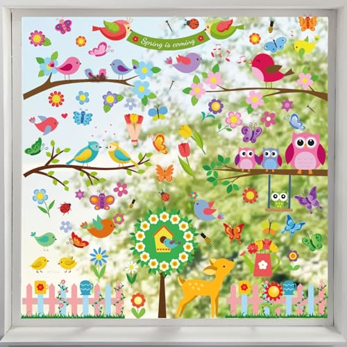 Hianjoo Fensterbilder Frühling Deko, Niedlich Fensterbilder Selbstklebend, Fensterfolie Fensterdeko, Fenstersticker für Kinderzimmer Party Deko, Fensteraufkleber Wiederverwendbare von Hianjoo