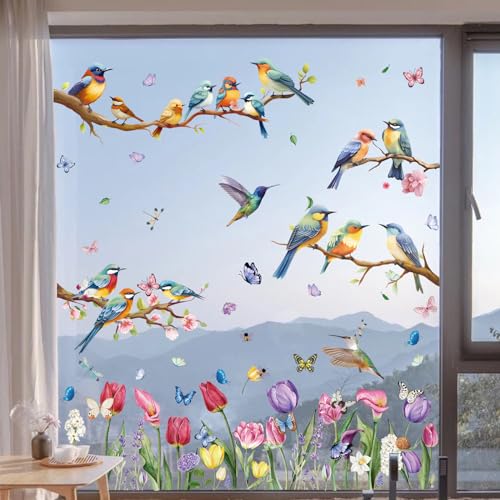 Hianjoo Fensterbilder Frühling Deko Selbstklebend, Vogel Blumen Aufkleber Fenster Fensterbilder Kinder, Fenstersticker Fensterfolie Wiederverwendbar für Fensterdeko von Hianjoo