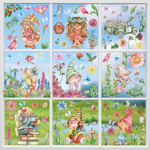 Hianjoo Fensterbilder Frühling Selbstklebend, 9 Blätter Fensteraufkleber Frühling Wiederverwendbar mit Zwerge, Frühlingsdeko Fenstersticker für Kinderzimmer von Hianjoo