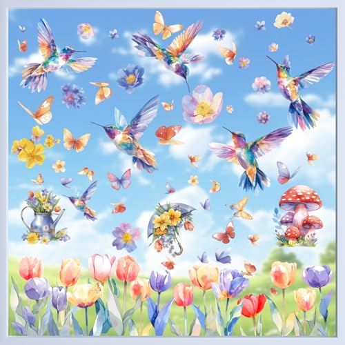 Hianjoo Fensterbilder Frühling Selbstklebend, 9 Blätter Fensteraufkleber Wiederverwendbare, Vögel Blumen Frühlingsdeko Fenster, Fenstersticker Frühling für Kinderzimmer Wohnzimmer von Hianjoo