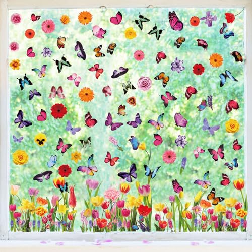Hianjoo Fensterbilder Frühling Selbstklebend Deko, Aufkleber Fenstersticker, 9 Blätter Fensterbilder mit Blumen Schmetterlinge für Fensterdeko Frühling von Hianjoo