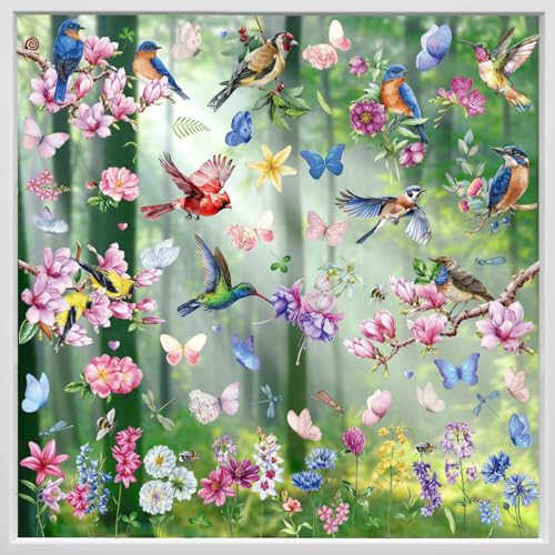 Hianjoo Fensterbilder Frühling Vögel, Frühling Fensterdeko Selbstklebend, Blumen Schmetterlinge Frühlingsdeko Fenster, 9 Blätter Fensteraufkleber Wiederverwendbar für Schlafzimmer von Hianjoo