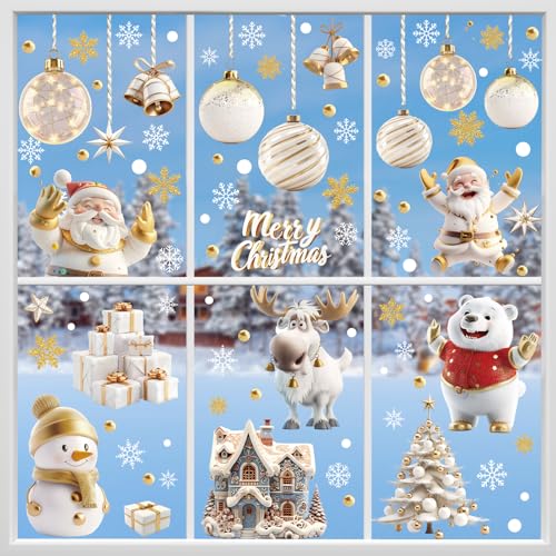 Hianjoo Fensterbilder Weihnachten Selbstklebend, 9 Blätter Weihnachten Fensterdeko Kinder, Weihnachtsfensterbilder mit Schneeflocke Weihnachtsmann Weihnachtsbäume und Geschenke für Winter Deko von Hianjoo