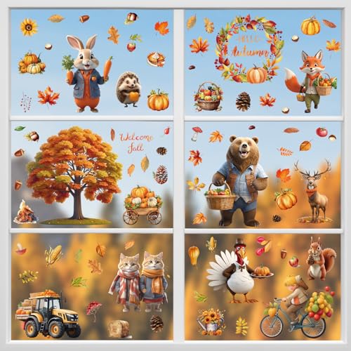 Hianjoo Herbst Fensterbilder Deko, Thanksgiving Herbstdeko Fenster Aufkleber, 85 Stück Fensteraufkleber Selbstklebend, Erntedankfest Herbst Fensterdeko, Fenstersticker Herbst Deko von Hianjoo