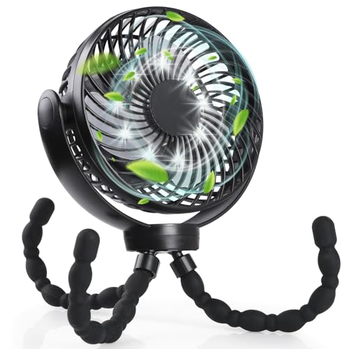 Hianjoo Kinderwagen Ventilator mit LED Leicht, 10000mAh Kleiner Tischventilator Camping Ventilator, 360° Drehung Tragbarer Wiederaufladbar Ventilator für Camping Zelte Hause Büro - Schwarz Hianjoo Kinderwagen Ventilator mit LED Leicht, 10000mAh Kleiner Tischventilator Camping Ventilator, 360° Drehung Tragbarer Wiederaufladbar Ventilator für Camping Zelte Hause Büro - Schwarz von Hianjoo