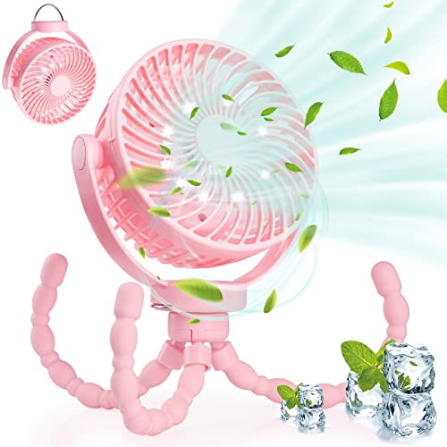 Hianjoo Kinderwagen Ventilator mit LED Leicht, 5200 mAh Kleiner Tischventilator Camping Ventilator mit Hängehaken, 360° Drehung Tragbarer Wiederaufladbar Ventilator für Camping Zelte Hause Büro - Rosa von Hianjoo