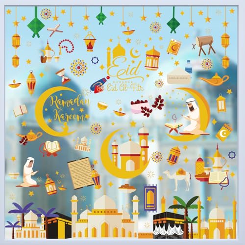Hianjoo Ramadan Fensterbilder Deko, 127 Stück Eid Aufkleber Fenstersticker Selbstklebend, Ramadan Eid Mubarak Fensteraufkleber Dekoration, Fensterdeko mit Stern Halbmond für Kinderzimmer von Hianjoo