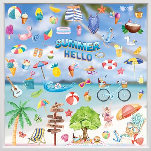 Hianjoo Sommer Fensterbilder Selbstklebend, 9 Blätter Hawaiianische Fenster Aufkleber Dekorationen, Fenstersticker Fensterdeko Wiederverwendbar mit Beach Pool Party von Hianjoo