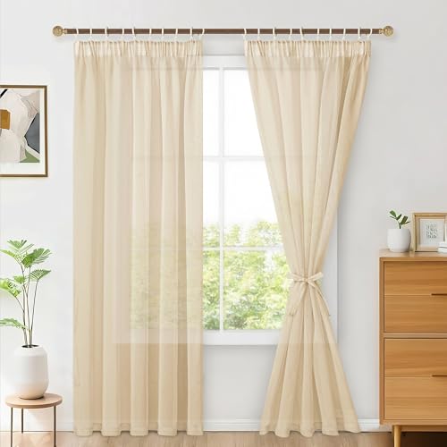 Hiasan 2er Set Sheer Voile gardinen vorhänge gardine Wohnzimmer mit Kräuselband Curtains scheibengardinen Vorhang Transparente Durchsichtig Luftig Dekoschal für Schlafzimmer 245x140cm(HxB) Beige von Hiasan