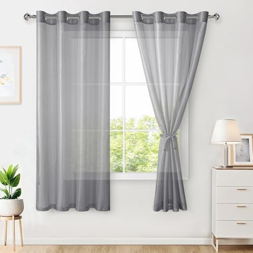 Hiasan 2er Set Sheer Voile gardinen vorhänge gardine Wohnzimmer mit ösen Curtains scheibengardinen Vorhang Transparente Durchsichtig Luftig Dekoschal für Schlafzimmer 145x140cm(HxB) Dunkelgrau von Hiasan