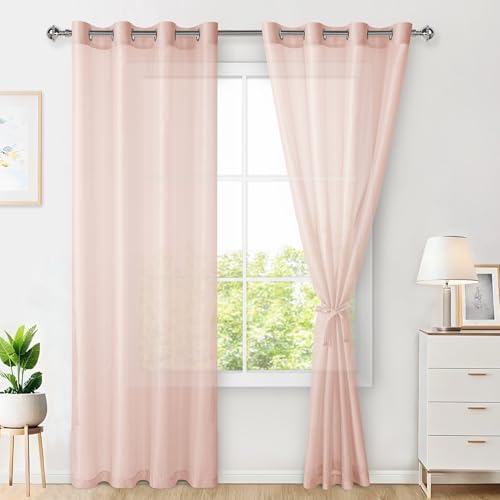 Hiasan 2er Set Sheer Voile gardinen vorhänge gardine Wohnzimmer mit ösen Curtains scheibengardinen Vorhang Transparente Durchsichtig Luftig Dekoschal für Schlafzimmer 215x140cm(HxB) Rosa von Hiasan