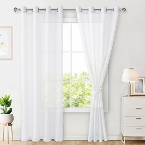 Hiasan 2er Set Sheer Voile gardinen vorhänge gardine Wohnzimmer mit ösen Curtains scheibengardinen Vorhang Transparente Durchsichtig Luftig Dekoschal für Schlafzimmer 215x140cm(HxB) Weiß von Hiasan