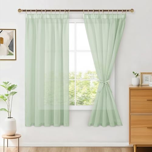 Hiasan 2er Set Sheer Voile gardinen vorhänge gardine wohnzimmer mit Kräuselband curtains scheibengardinen Vorhang Transparente Durchsichtig Luftig Dekoschal für Schlafzimmer 145x140cm(HxB) Salbei Grün von Hiasan