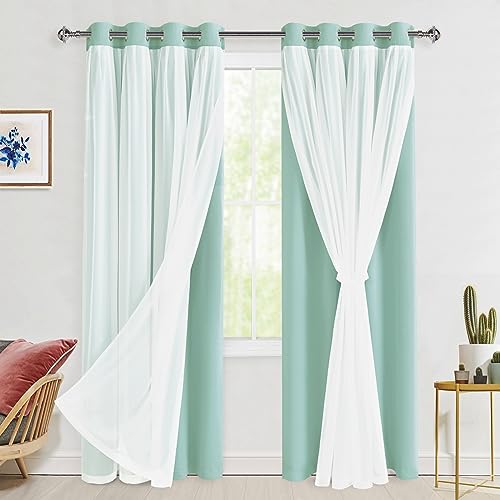 Hiasan Aqua Verdunkelungsvorhänge mit durchsichtigen 213 cm lang, wärmeisoliert, gemischt, doppellagig, Raumverdunkelungsvorhänge für Schlafzimmer, Wohnzimmer, 2 Fenstervorhänge mit Raffhaltern, 132 x von Hiasan