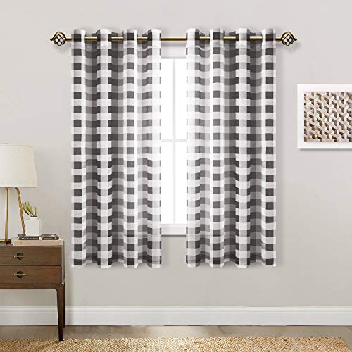 Hiasan Buffalo Plaid transparente Vorhänge – lichtfilternde Voile Karierte Vorhänge für Wohnzimmer und Schlafzimmer, 132 x 160 cm lang, 2er Set Fenstervorhänge, Schwarz und Weiß von Hiasan