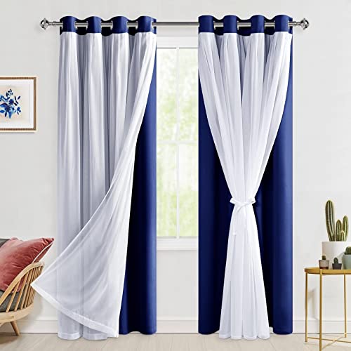 Hiasan Durchsichtige Tüll-Overlay-Vorhänge mit Raffhalter, Blau Blickdicht Vorhänge Verdunklungsvorhänge, Doppelschicht, Transparent Fensterschal für Schlafzimmer, Wohnzimmer, H213 x B132cm von Hiasan