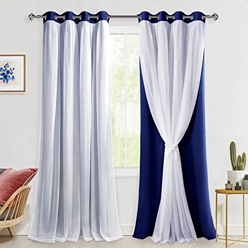 Hiasan Durchsichtige Tüll-Overlay-Vorhänge mit Raffhalter, Blau Blickdicht Vorhänge Verdunklungsvorhänge, Doppelschicht, Transparent Fensterschal für Schlafzimmer, Wohnzimmer, H245 x B132cm von Hiasan