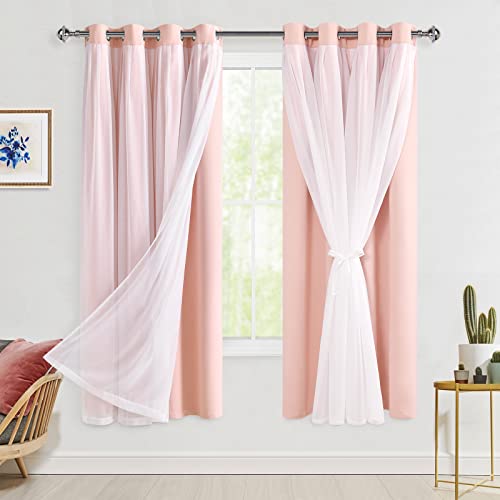 Hiasan Durchsichtige Tüll-Overlay-Vorhänge mit Raffhalter, Rosa Blickdicht Vorhänge Verdunklungsvorhänge, Doppelschicht, Transparent Fensterschal für Schlafzimmer, Wohnzimmer, H160 x B132cm von Hiasan