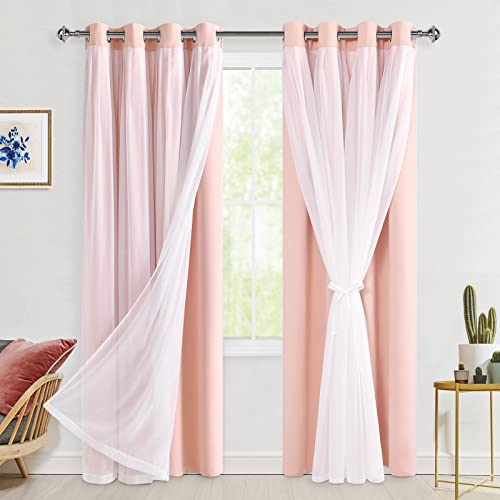 Hiasan Durchsichtige Tüll-Overlay-Vorhänge mit Raffhalter, Rosa Blickdicht Vorhänge Verdunklungsvorhänge, Doppelschicht, Transparent Fensterschal für Schlafzimmer, Wohnzimmer, H213 x B132cm von Hiasan