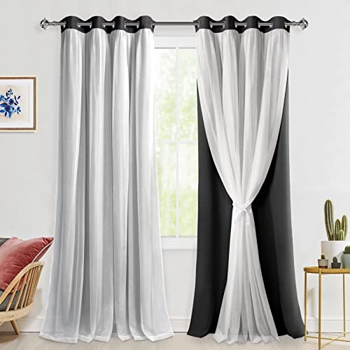 Hiasan Durchsichtige Tüll-Overlay-Vorhänge mit Raffhalter, Schwarz Blickdicht Vorhänge Verdunklungsvorhänge, Doppelschicht, Transparent Fensterschal für Schlafzimmer, Wohnzimmer, H245 x B132cm von Hiasan