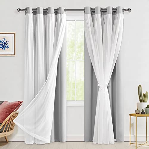 Hiasan Durchsichtige Tüll-Overlay-Vorhänge mit Raffhalter, Silber Grau Blickdicht Vorhänge Verdunklungsvorhänge, Doppelschicht, Transparent Fensterschal für Schlafzimmer, Wohnzimmer, H213 x B132cm von Hiasan