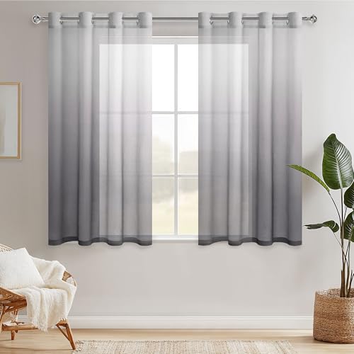 Hiasan Gardinen Voile Vorhänge mit Ösen Farbverlauf Halbtransparent Schlafzimmer Dekoration kurz Vorhang, 145 cm x 140 cm(H x B) 2er Set Weiß Grau von Hiasan