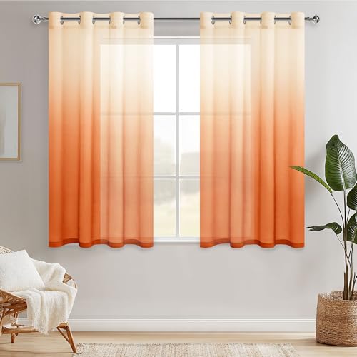 Hiasan Gardinen Voile Vorhänge mit Ösen Farbverlauf Halbtransparent Schlafzimmer Dekoration kurz Vorhang, 145 cm x 140 cm(H x B) 2er Set Weiß Orange von Hiasan