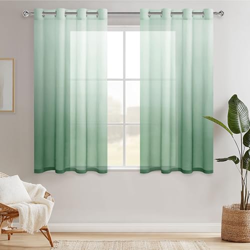 Hiasan Grün Gardinen Voile Vorhänge mit Ösen Farbverlauf Halbtransparent Schlafzimmer Dekoration kurz Vorhang, 145 cm x 140 cm(H x B) 2er Set Weiß Salbeigrün von Hiasan