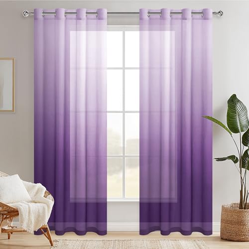 Hiasan Sheer Vorhänge mit Ösen Farbverlauf Transparent Fensterschal Vorhang Voile Gardinen für Schlafzimmer und kinderzimmer, 225 cm x 140 cm(H x B) 2er Set Weiß Lila von Hiasan