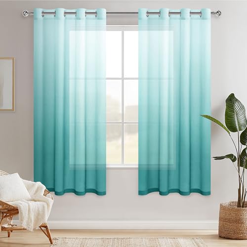 Hiasan Sheer Vorhang Farbverlauf Dekoschal mit Ösen Gardinen Voile für Schlafzimmer und Wohnzimmer, 175 cm x 140 cm(H x B) 2er Set Weiß Blau Grün von Hiasan