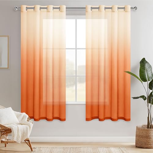 Hiasan Sheer Vorhang Farbverlauf Dekoschal mit Ösen Gardinen Voile für Schlafzimmer und Wohnzimmer, 175 cm x 140 cm(H x B) 2er Set Weiß Orange von Hiasan